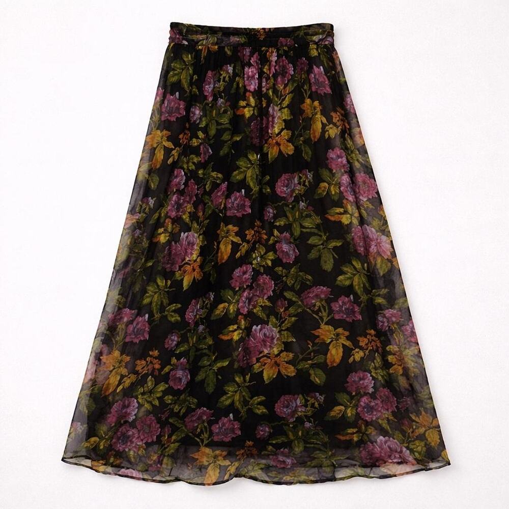 Whimsygoth Floral Maxi Skirt Sheer Black Purple Rose Fairycore Floral
